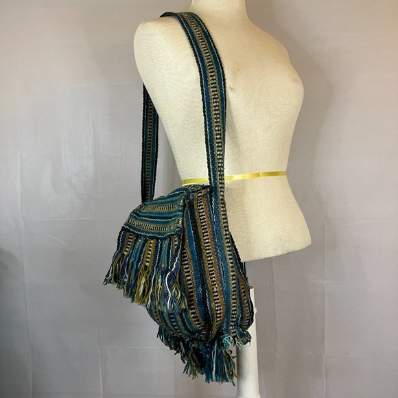 Boho Woven Flap Front Blue Stiped Shoulder Strap Bag - Picture 4 of 12